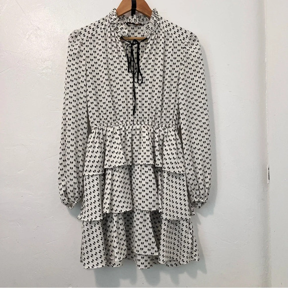 Maje Rinala Mini Dress Bow Print Size 36 Satin White Tie Neck - Picture 3 of 11